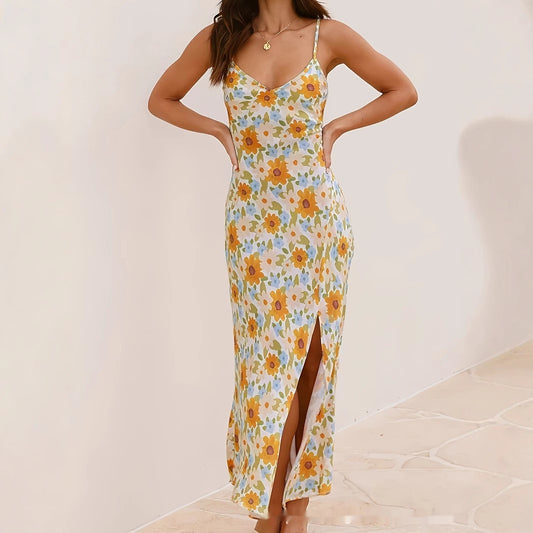 Floral Dress With Slit & Thin Strap - Summer Vacation & Street