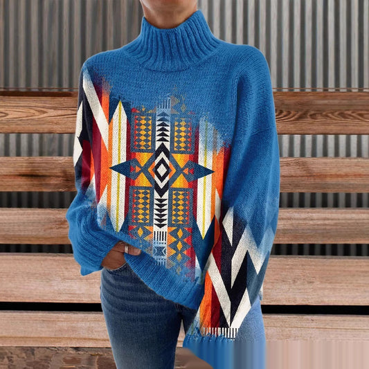 Geometric & Floral Pattern Turtleneck Knit Sweaters