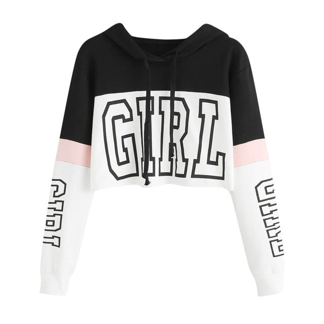 Women’s Crop Hoodie with “GIRL” Print – Color Block Streetwear