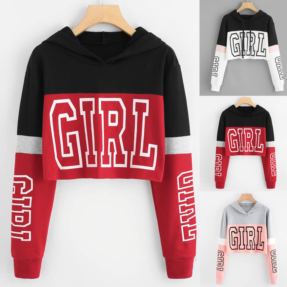 Women’s Crop Hoodie with “GIRL” Print – Color Block Streetwear