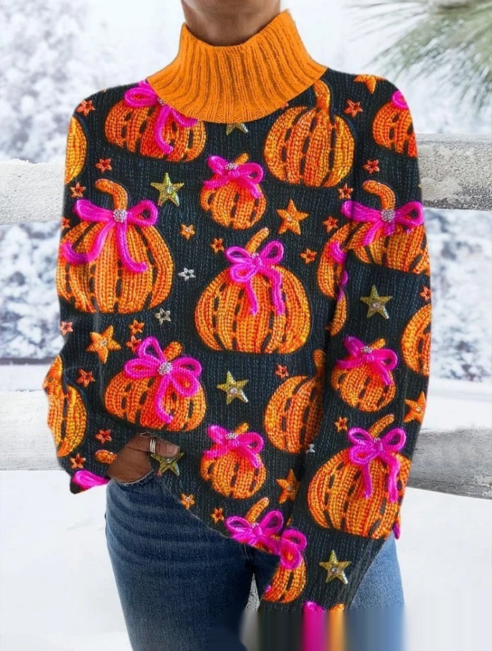 Geometric & Floral Pattern Turtleneck Knit Sweaters