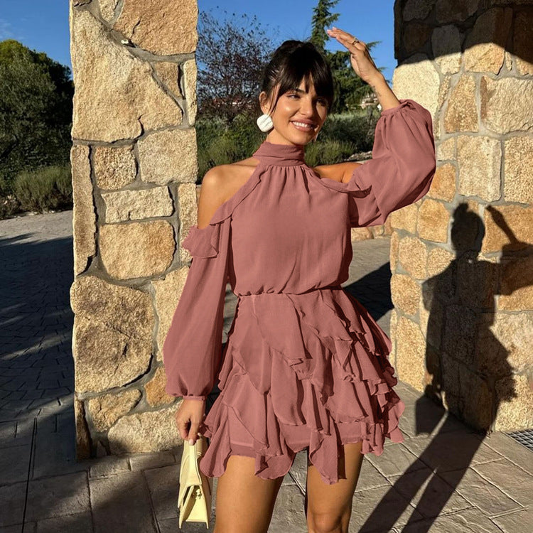 Off-Shoulder Halter Neck Chiffon Dress