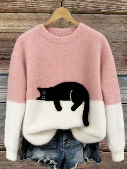 Women’s Knit Sweater with Black Cat Pattern