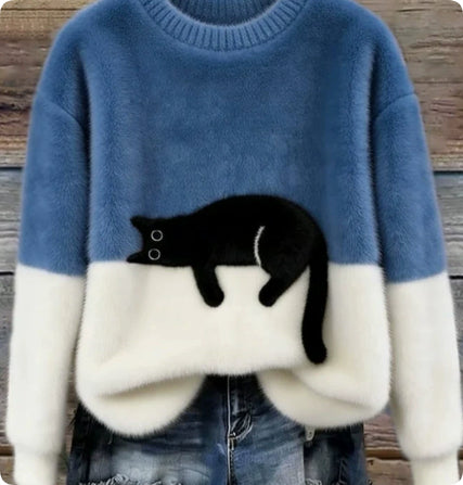 Women’s Knit Sweater with Black Cat Pattern