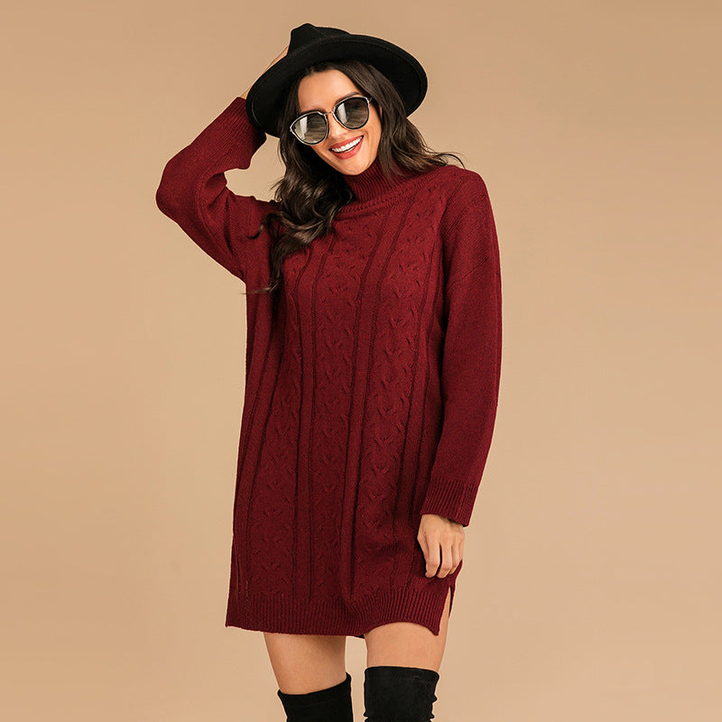 Burgundy Cable Knit Turtleneck Long Sweater