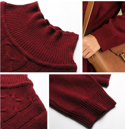 Burgundy Cable Knit Turtleneck Long Sweater
