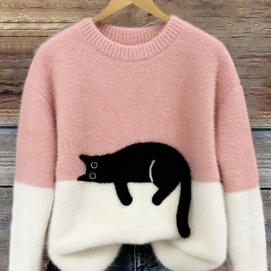 Women’s Knit Sweater with Black Cat Pattern