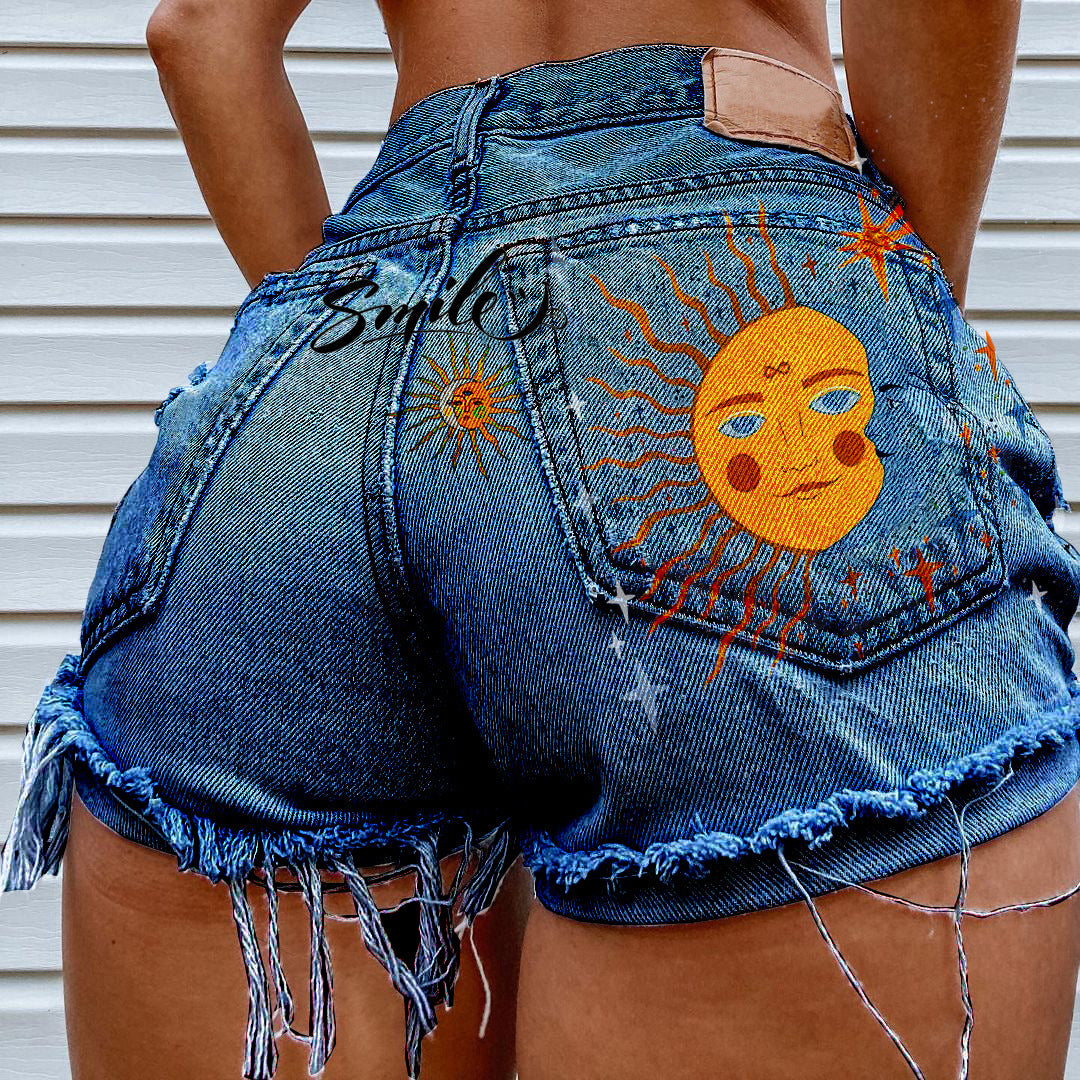 Womens Casual Summer Themed Denim Shorts