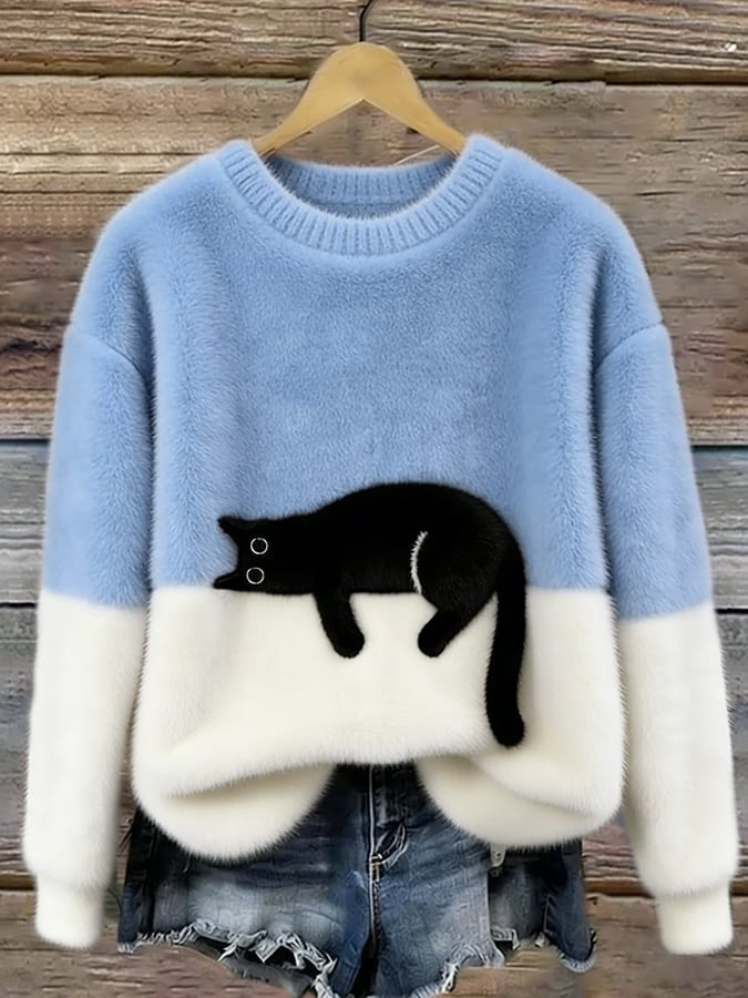 Women’s Knit Sweater with Black Cat Pattern